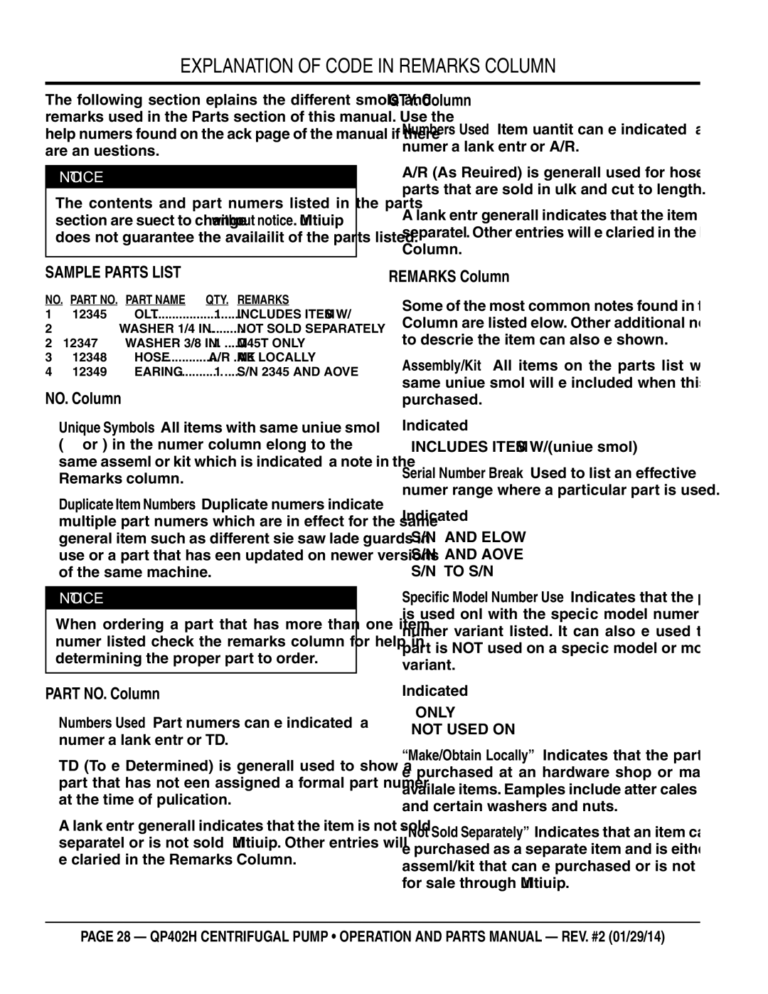 Multiquip qp402h manual Explanation of Code in Remarks Column, Sample Parts List 