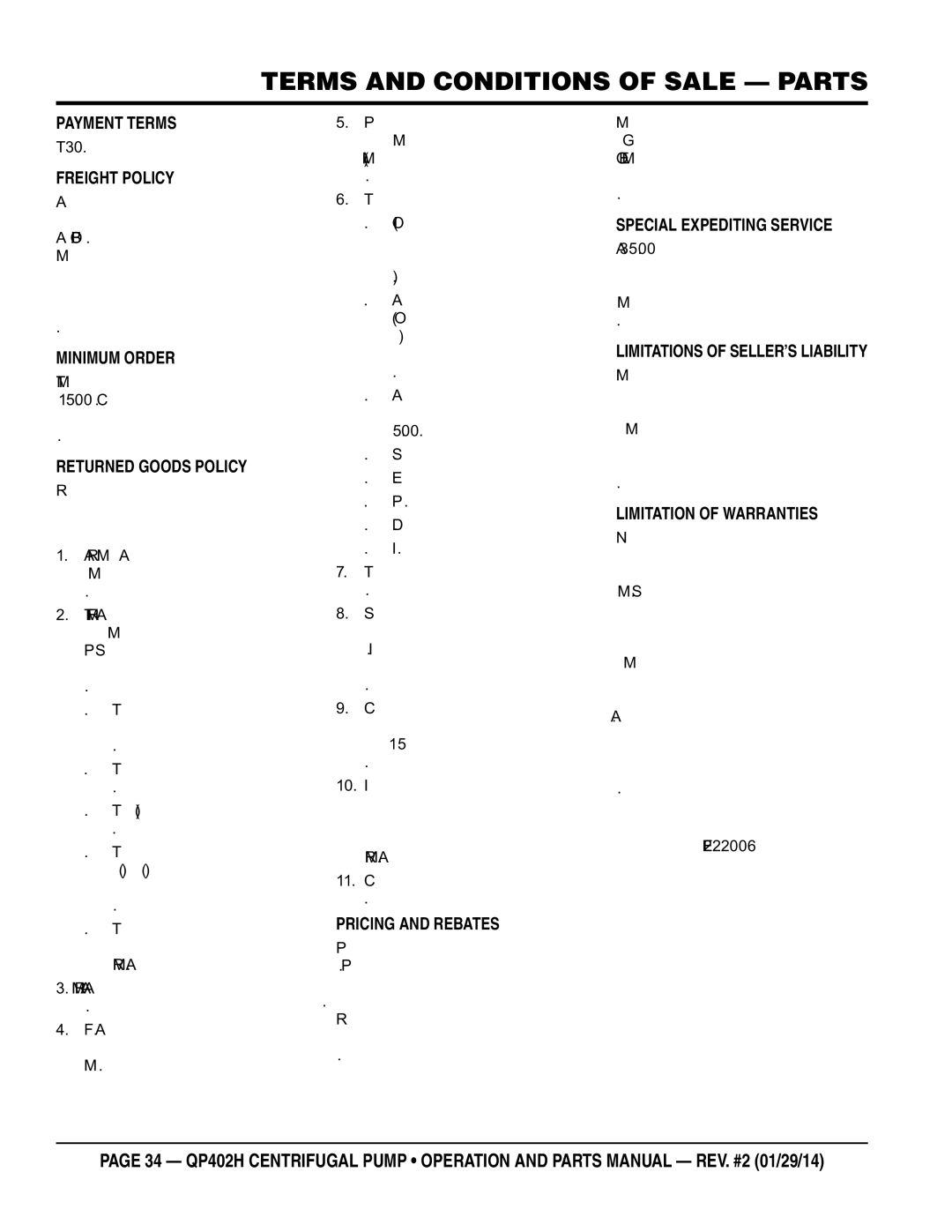 Multiquip qp402h manual Terms and Conditions of Sale Parts, Freight Policy 