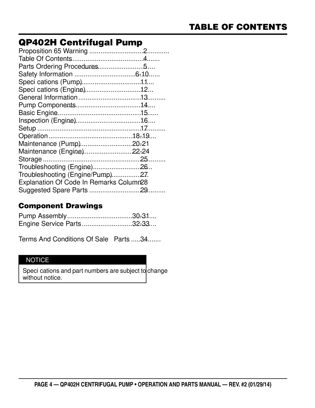 Multiquip qp402h manual QP402H Centrifugal Pump, Table of Contents 