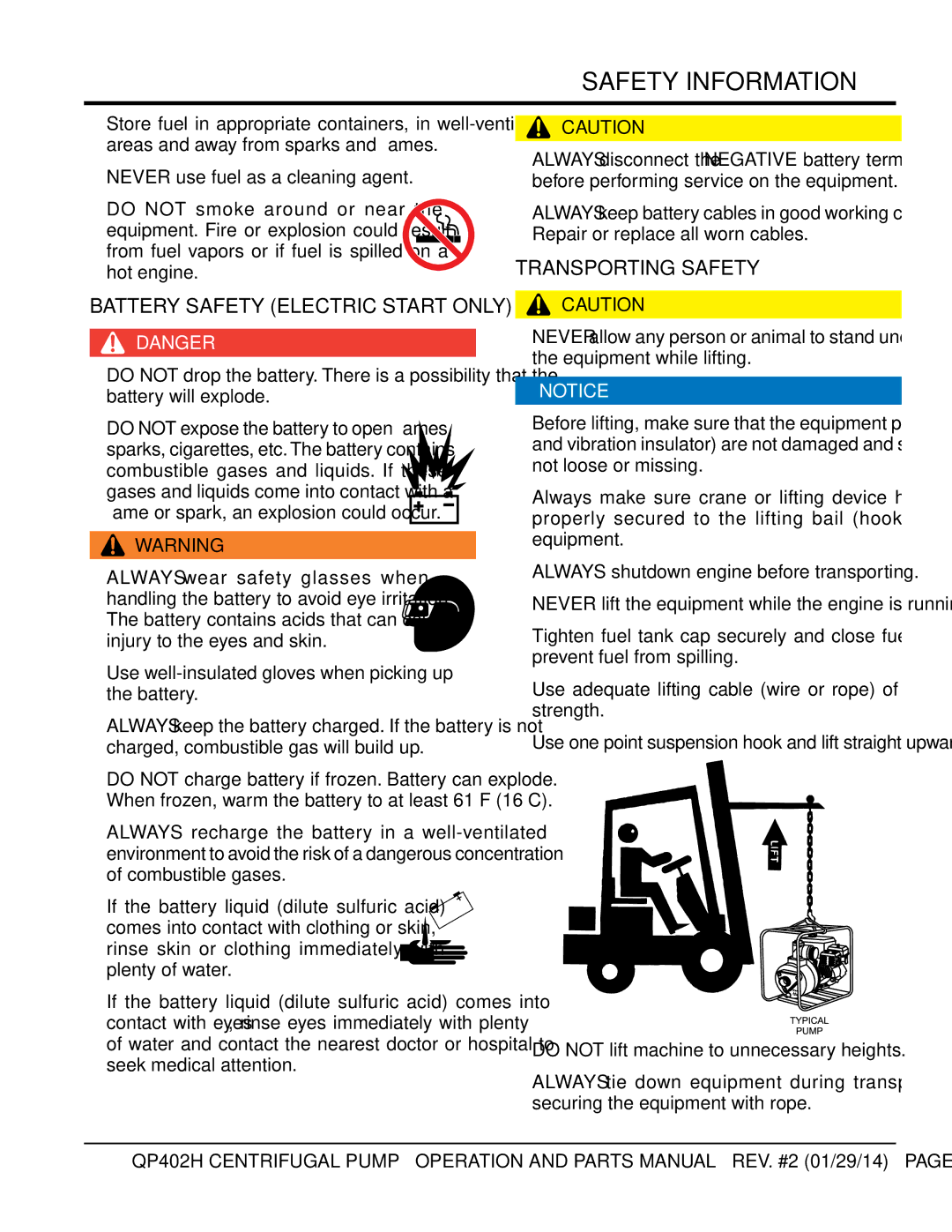 Multiquip qp402h manual Battery Safety Electric Start only, Transporting Safety 