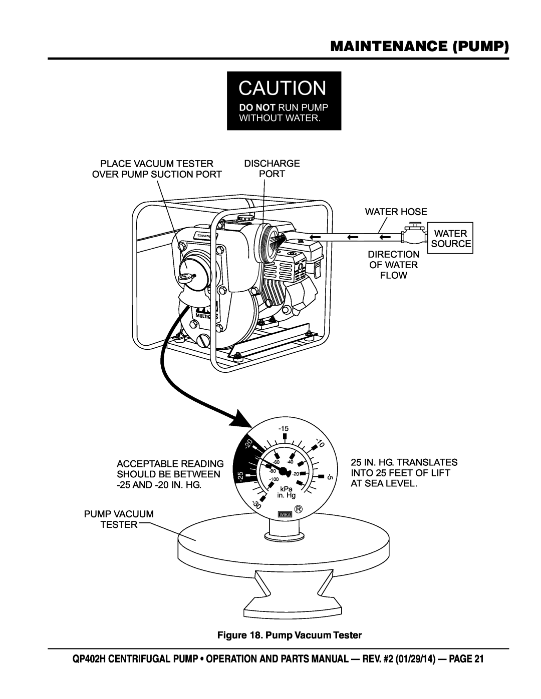 Multiquip qp402h manual Maintenance Pump, Pump Vacuum Tester, Do Not Run Pump Without Water 