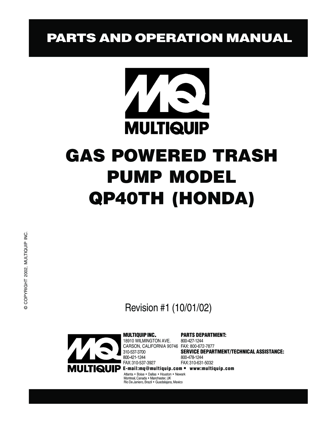 Multiquip operation manual GAS Powered Trash Pump Model QP40TH Honda 