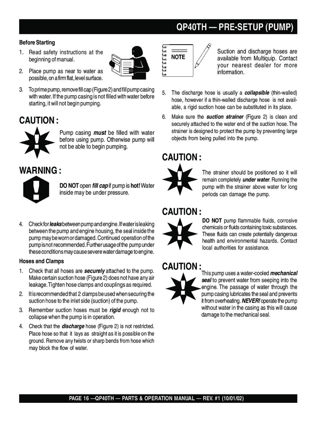 Multiquip operation manual QP40TH PRE-SETUP Pump, Read safety instructions at the beginning of manual 