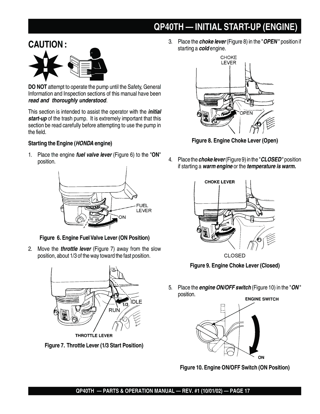 Multiquip QP40TH Place the engine fuel valve lever to the on position, Place the engine ON/OFF switch in the on position 