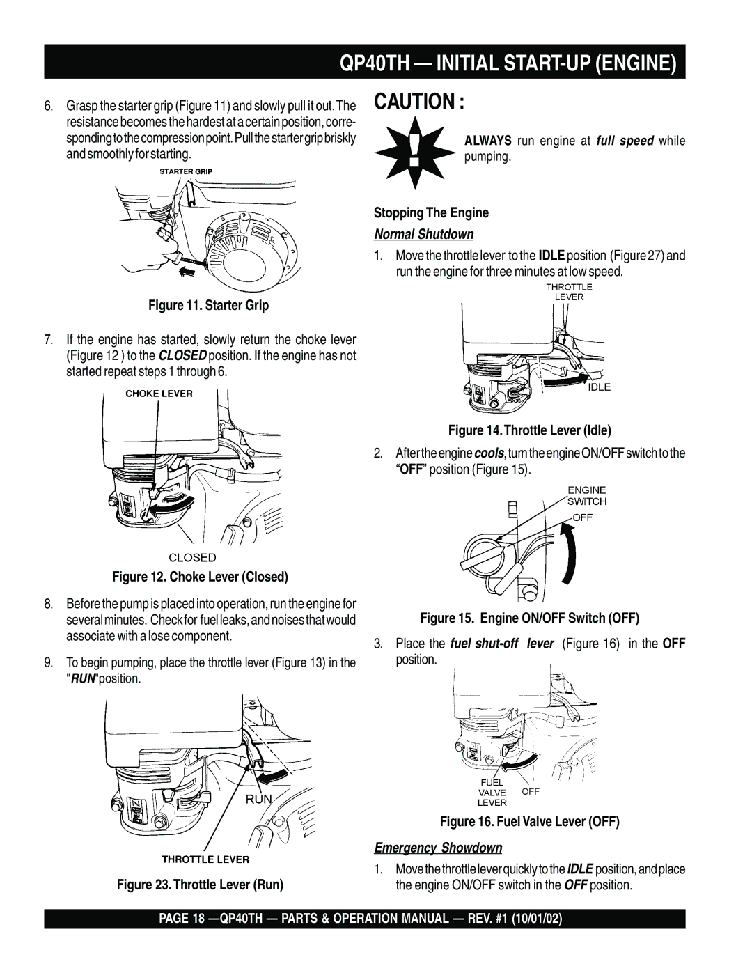 Multiquip operation manual QP40TH Initial START-UP Engine, Place the fuel shut-off lever in the OFF position 