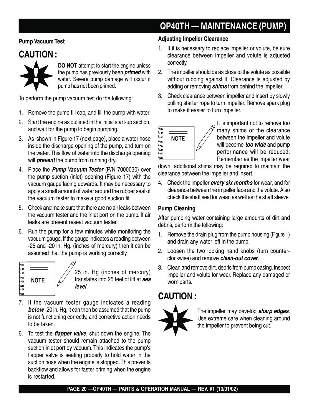 Multiquip operation manual QP40TH Maintenance Pump, Pump Vacuum Test 