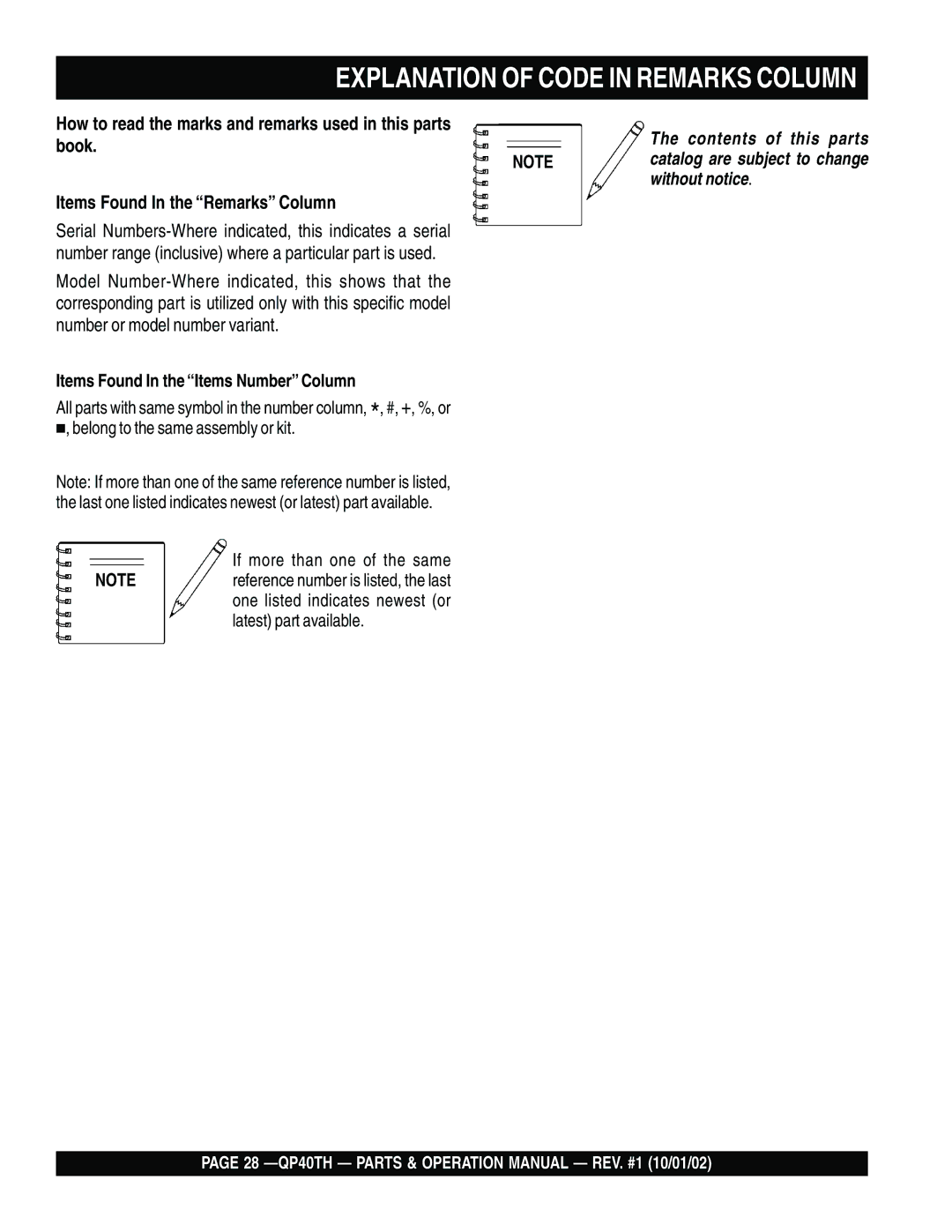 Multiquip QP40TH operation manual Explanation of Code in Remarks Column 