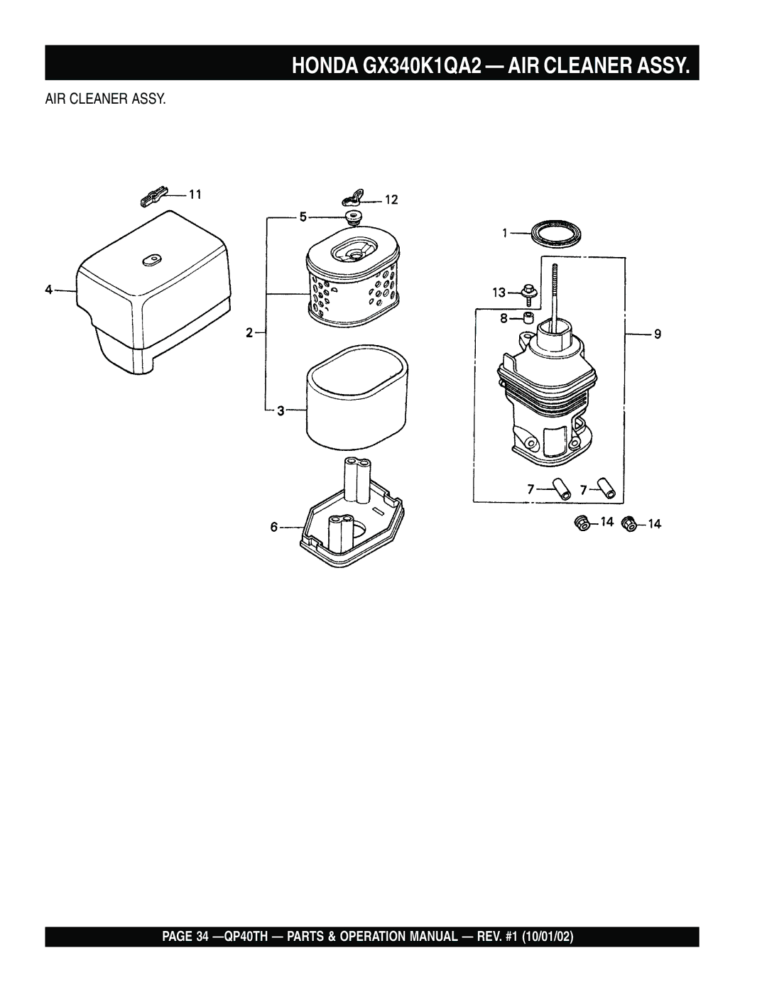 Multiquip QP40TH operation manual Honda GX340K1QA2 AIR Cleaner Assy 