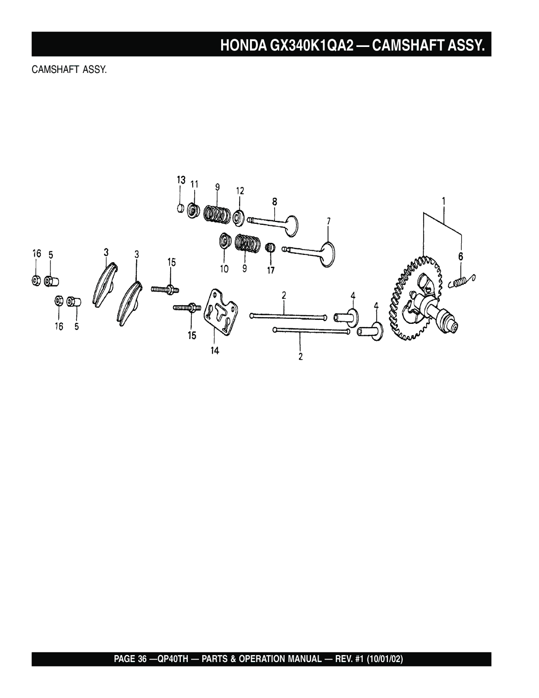 Multiquip QP40TH operation manual Honda GX340K1QA2 Camshaft Assy 