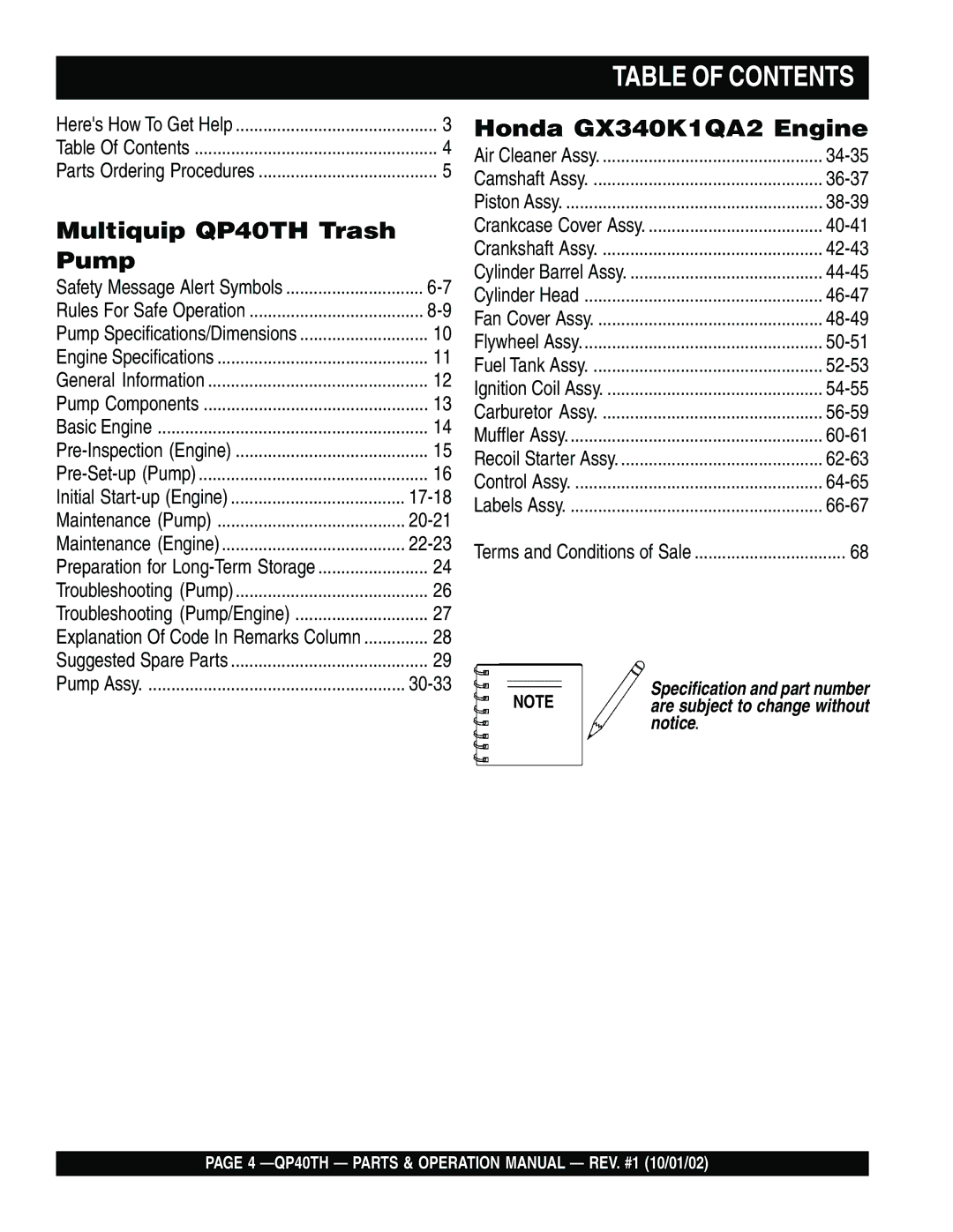 Multiquip QP40TH operation manual Table of Contents 