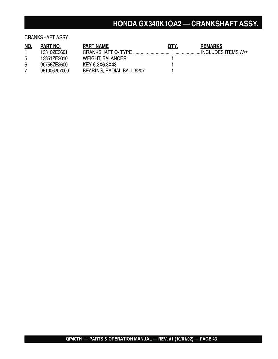 Multiquip QP40TH operation manual WEIGHT, Balancer 