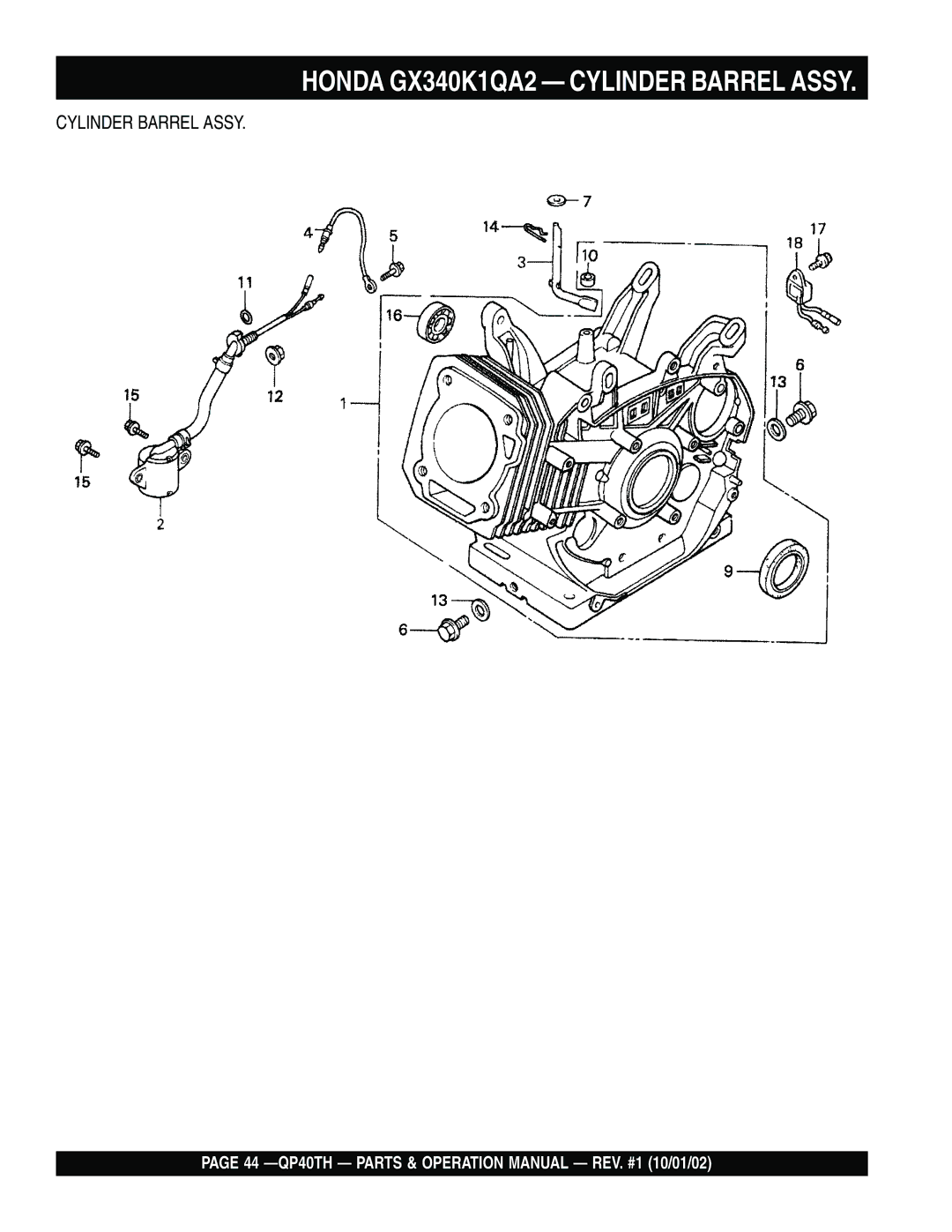 Multiquip QP40TH operation manual Honda GX340K1QA2 Cylinder Barrel Assy 