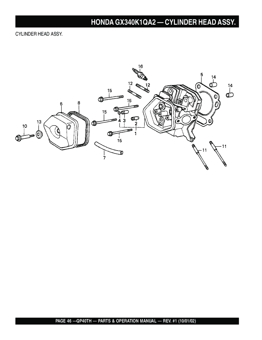 Multiquip QP40TH operation manual Honda GX340K1QA2 Cylinder Head Assy 