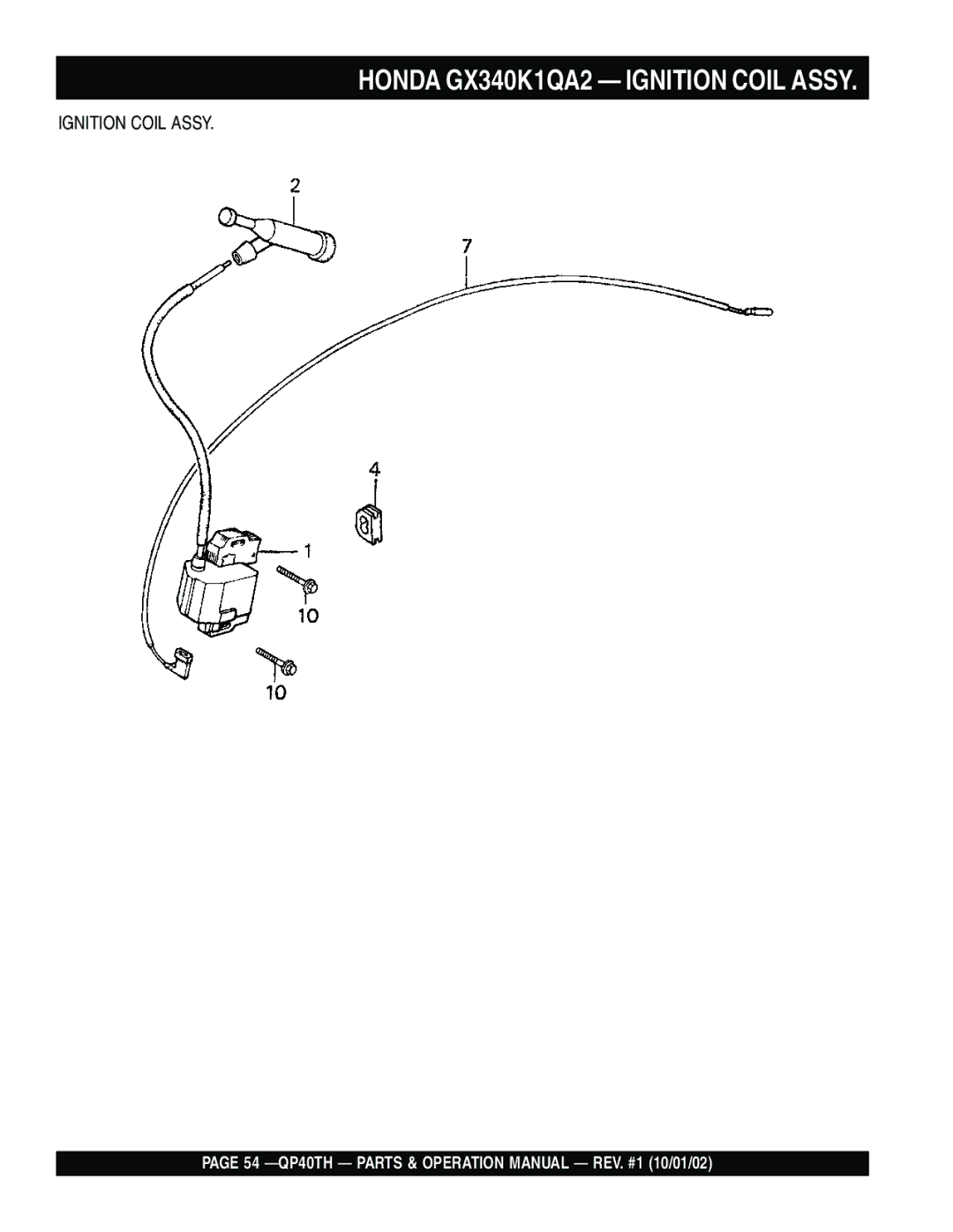 Multiquip QP40TH operation manual Honda GX340K1QA2 Ignition Coil Assy 