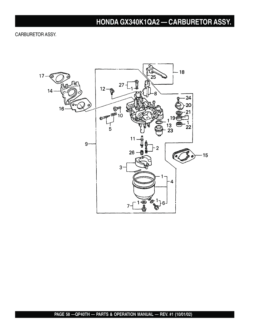 Multiquip QP40TH operation manual Honda GX340K1QA2 Carburetor Assy 