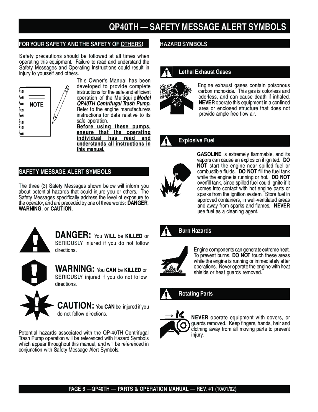 Multiquip operation manual QP40TH Safety Message Alert Symbols, Seriously injured if you do not follow directions 