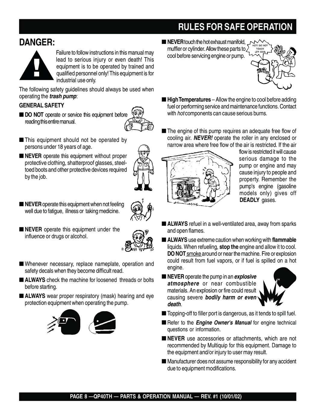 Multiquip QP40TH operation manual Rules for Safe Operation, General Safety 