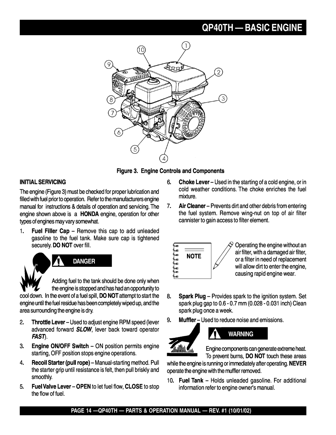 Multiquip operation manual QP40TH - BASIC ENGINE, Danger, Engine Controls and Components 