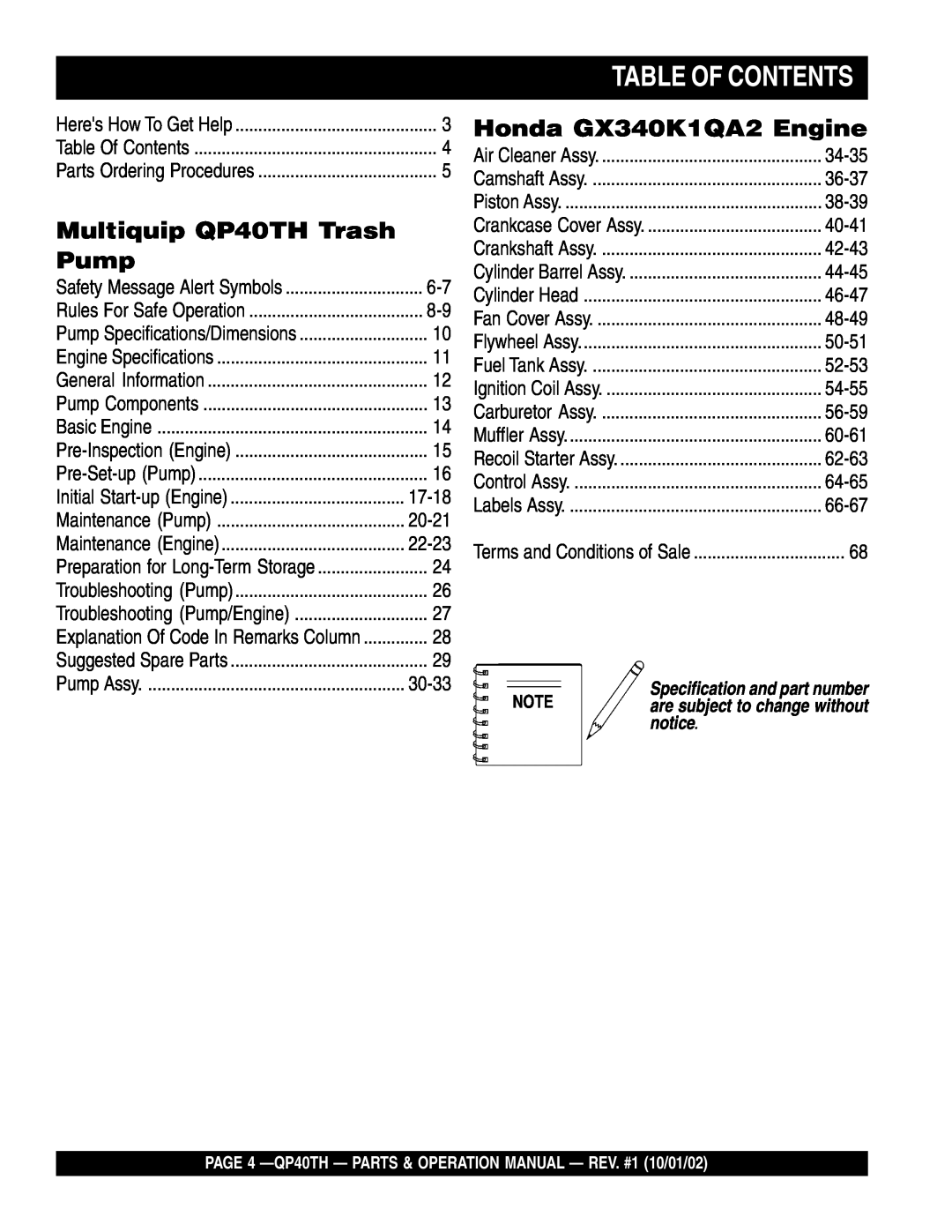 Multiquip operation manual Table Of Contents, Multiquip QP40TH Trash, Pump, Honda GX340K1QA2 Engine 