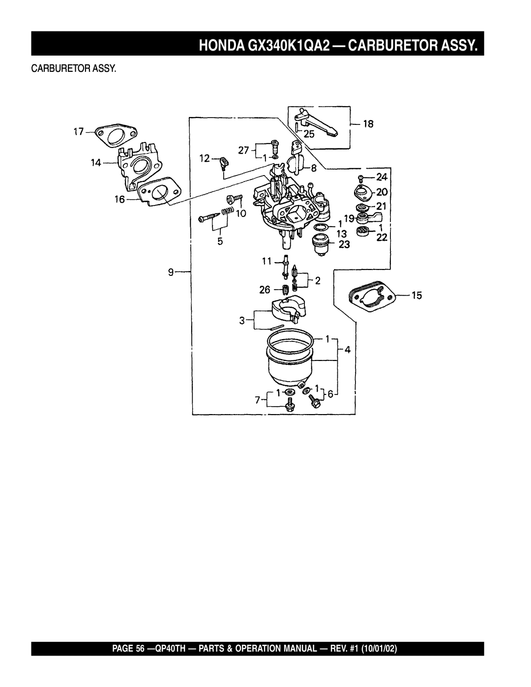 Multiquip QP40TH operation manual HONDA GX340K1QA2 - CARBURETOR ASSY, Carburetor Assy 