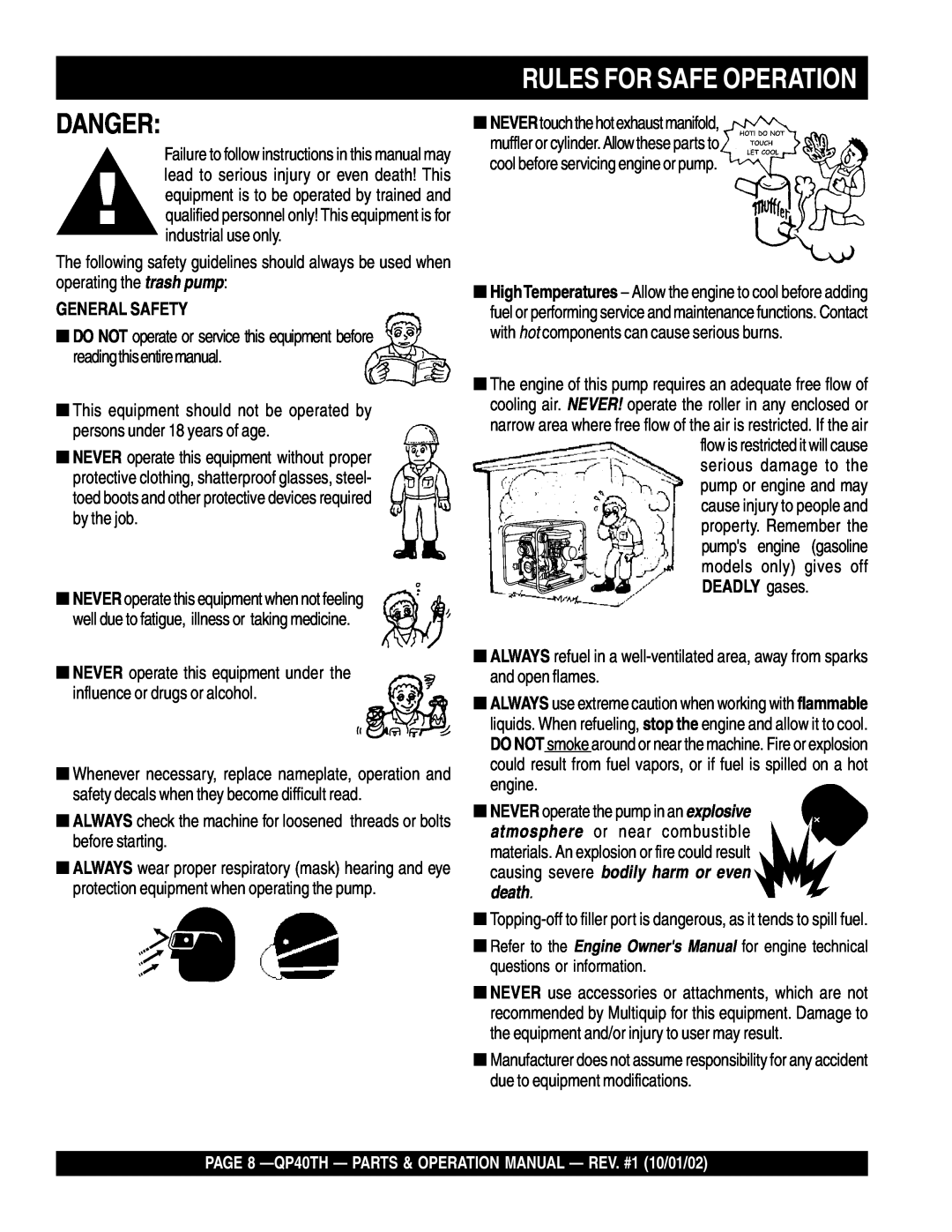 Multiquip QP40TH operation manual Danger, Rules For Safe Operation, General Safety 