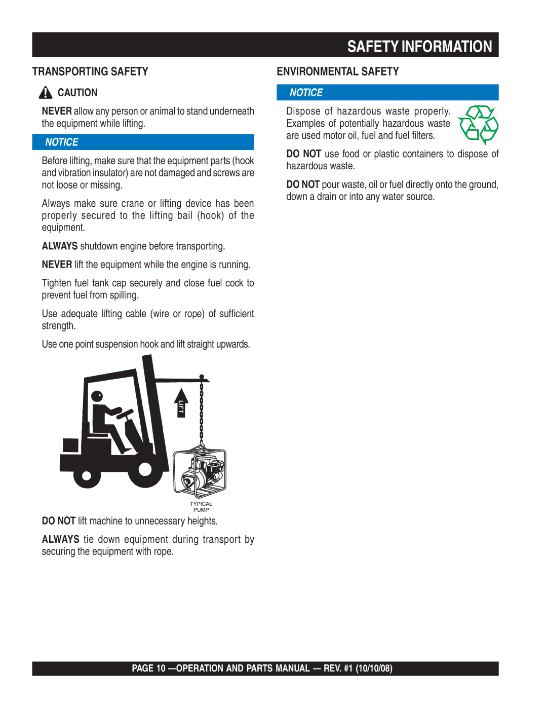 Multiquip QP4TE manual Transporting Safety 