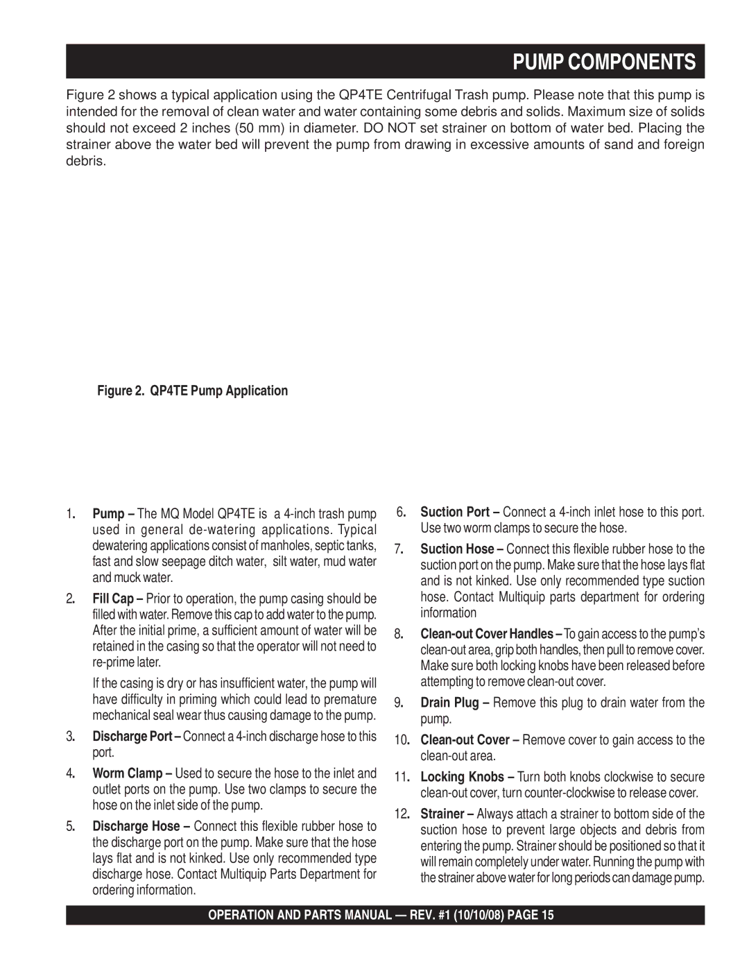 Multiquip QP4TE manual Pump Components, Used in general de-watering applications. Typical 