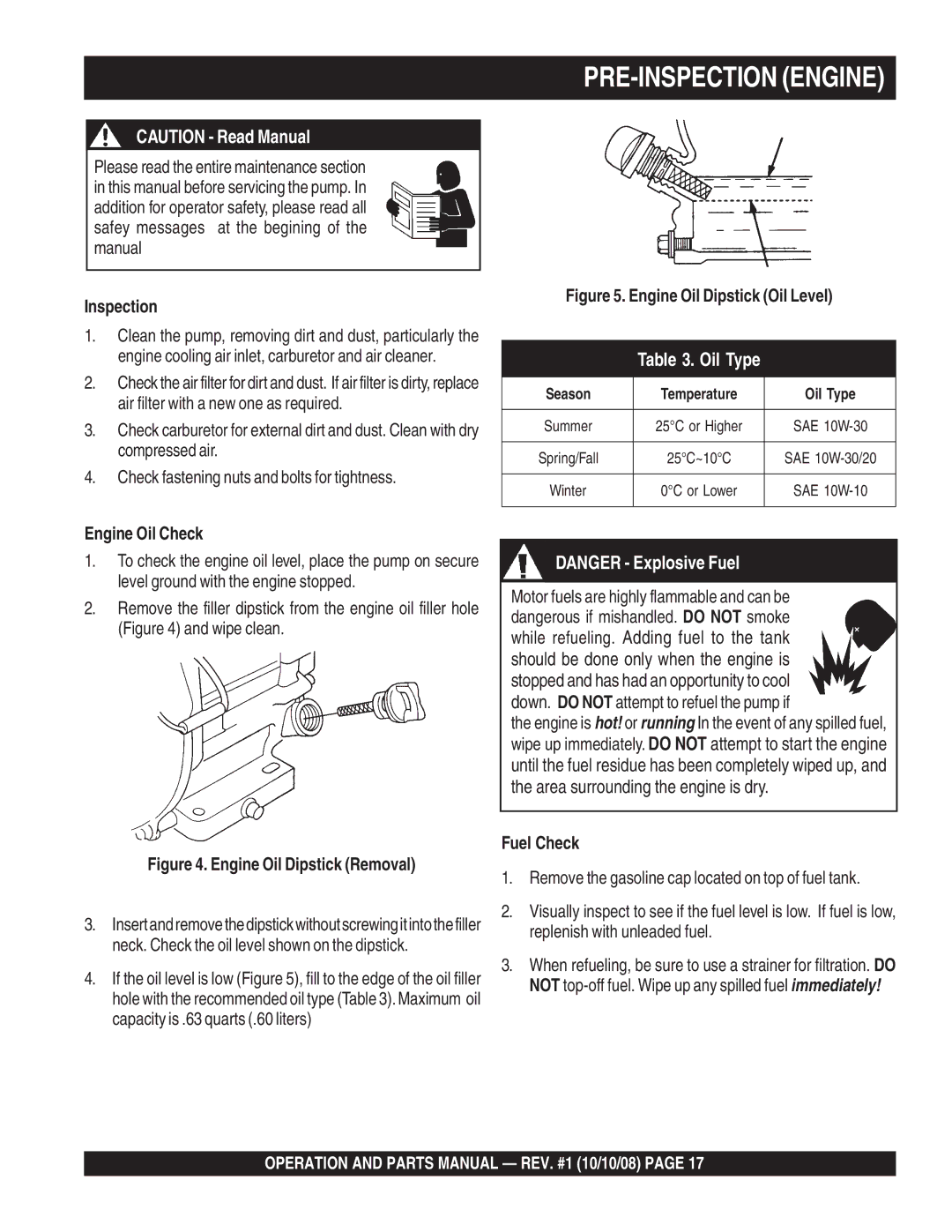 Multiquip QP4TE manual PRE-INSPECTION Engine, Inspection 