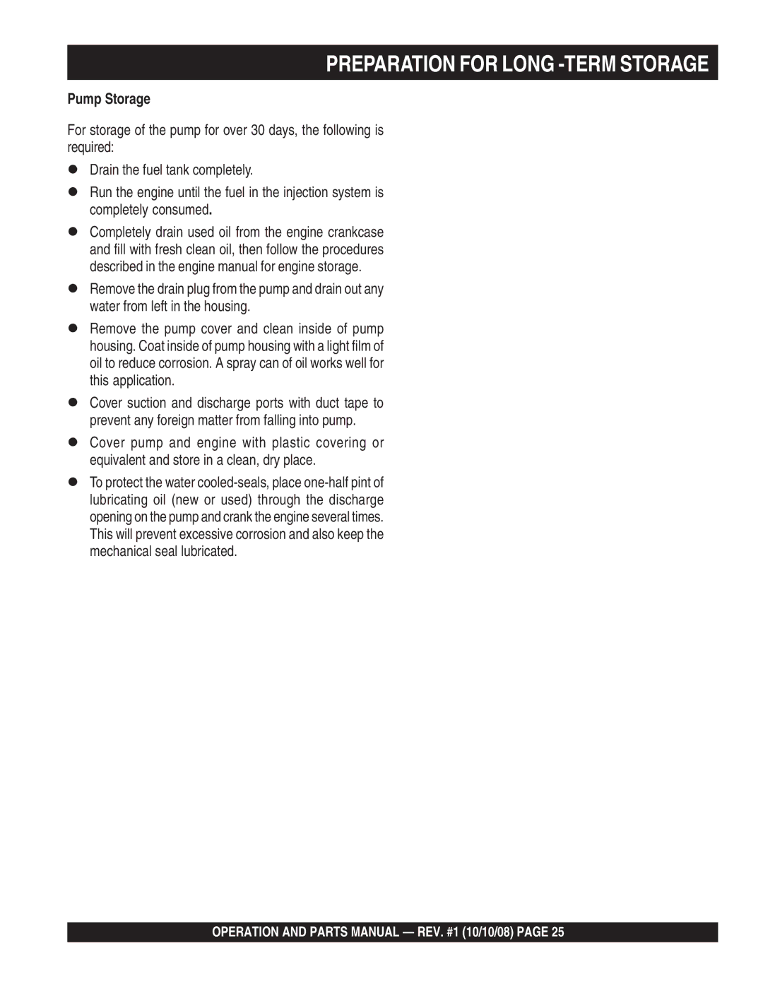 Multiquip QP4TE manual Preparation for Long -TERM Storage, Pump Storage 