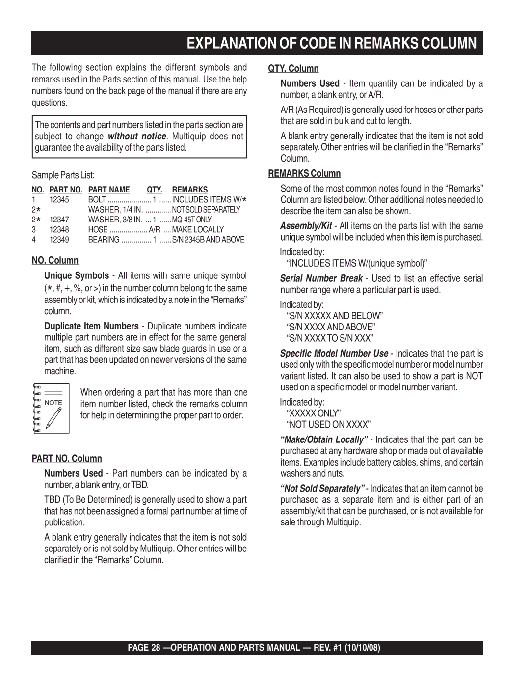 Multiquip QP4TE manual Explanation of Code in Remarks Column 