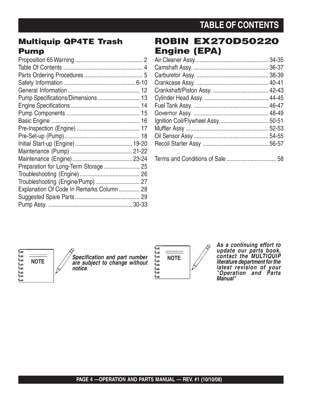 Multiquip QP4TE manual Table of Contents 