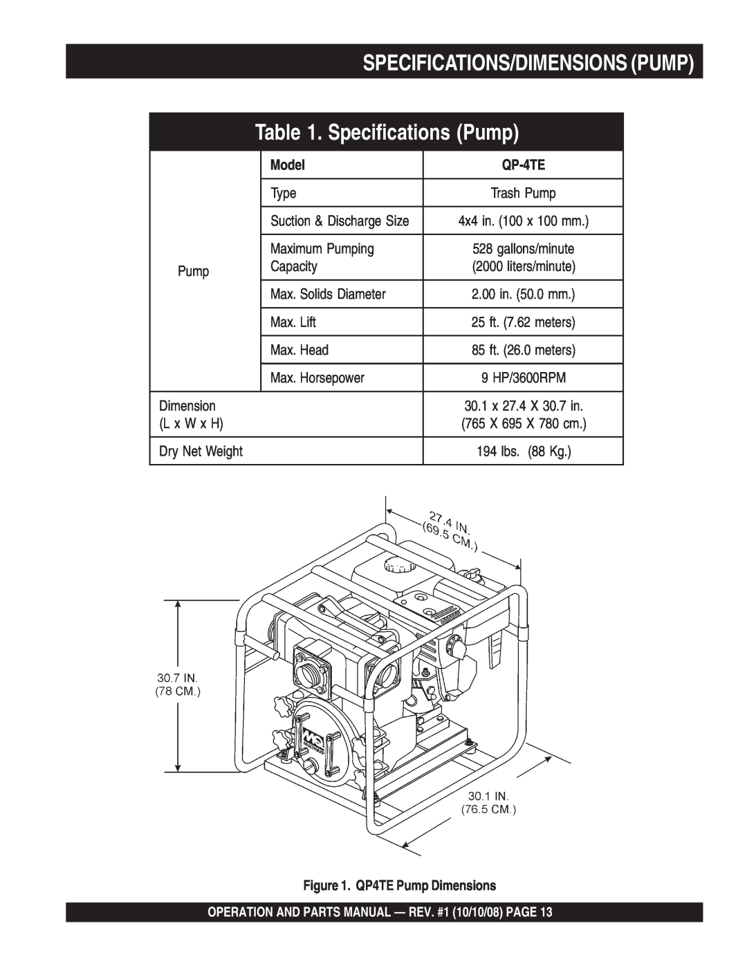Multiquip QP4TE manual Specifications Pump, Specifications/Dimensions Pump, Model, QP-4TE 