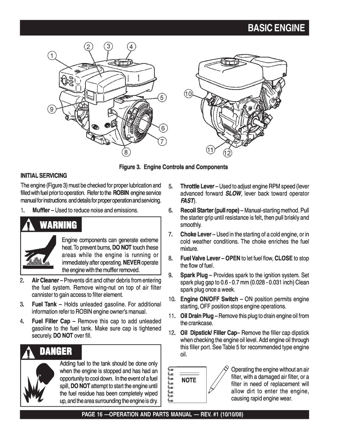 Multiquip QP4TE manual Basic Engine, Danger, Engine Controls and Components INITIAL SERVICING, Fast 