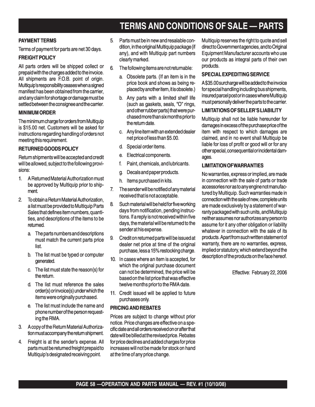 Multiquip QP4TE manual Terms And Conditions Of Sale - Parts, PAGE 58 -OPERATION AND PARTS MANUAL - REV. #1 10/10/08 