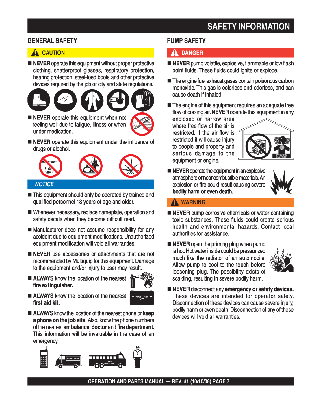 Multiquip QP4TE manual General Safety, Pump Safety, ﬁre extinguisher, ﬁrst aid kit, Safety Information, Danger 
