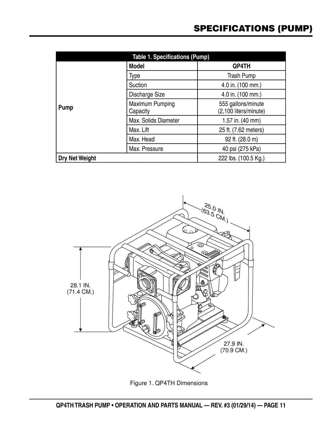 Multiquip QP4TH manual Specifications Pump, Model, Dry Net Weight 