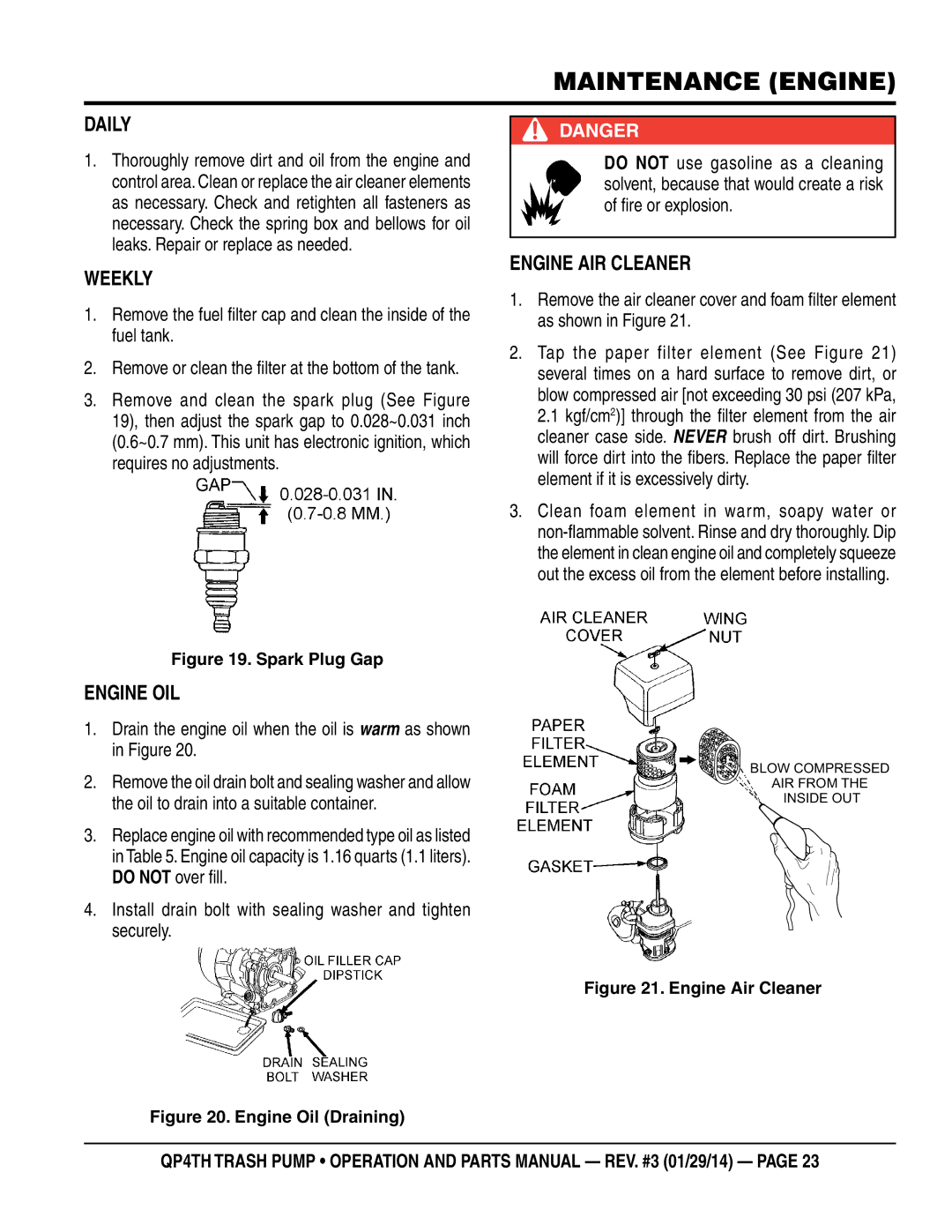 Multiquip QP4TH manual Daily, Weekly, Engine AIR Cleaner, Engine OIL 