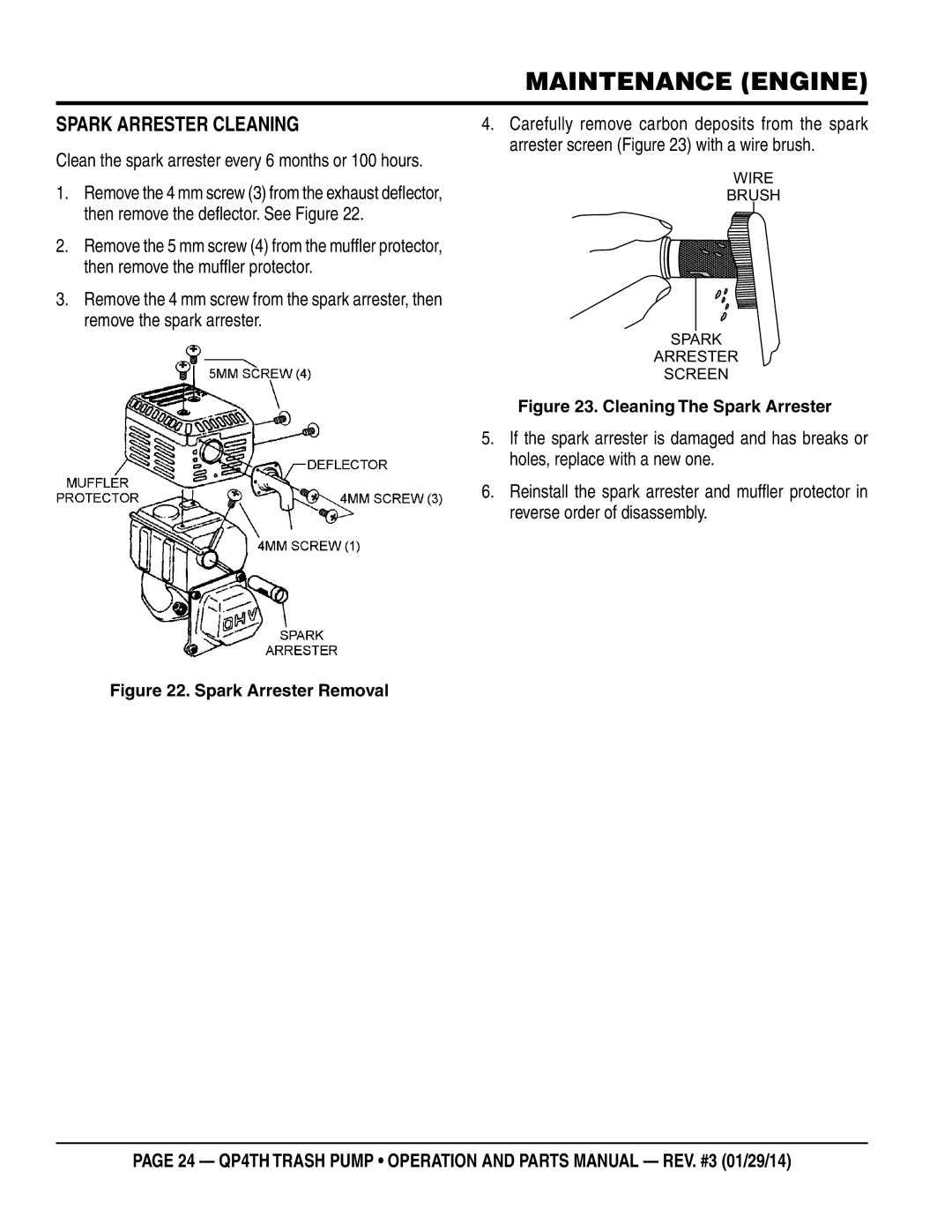 Multiquip QP4TH manual Spark Arrester Cleaning, Spark Arrester Removal 