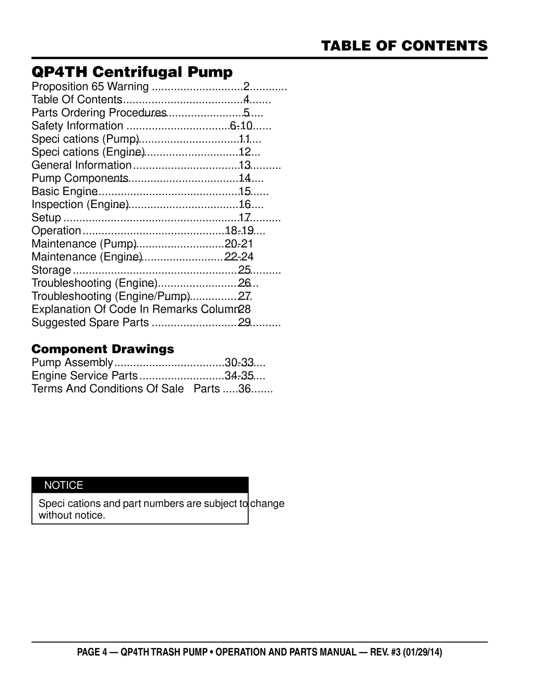 Multiquip manual QP4TH Centrifugal Pump, Table of Contents 