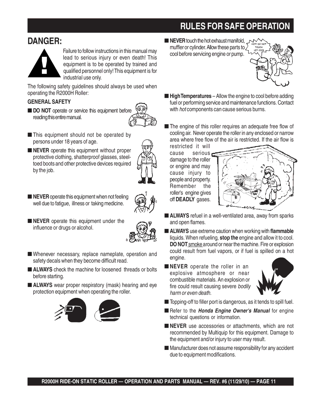 Multiquip R2000H manual Rules for Safe Operation 