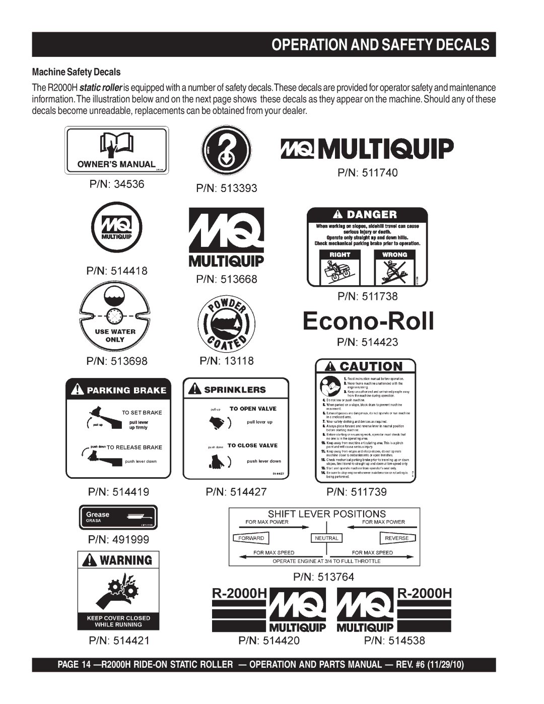 Multiquip R2000H manual Operation and Safety Decals, Machine Safety Decals 