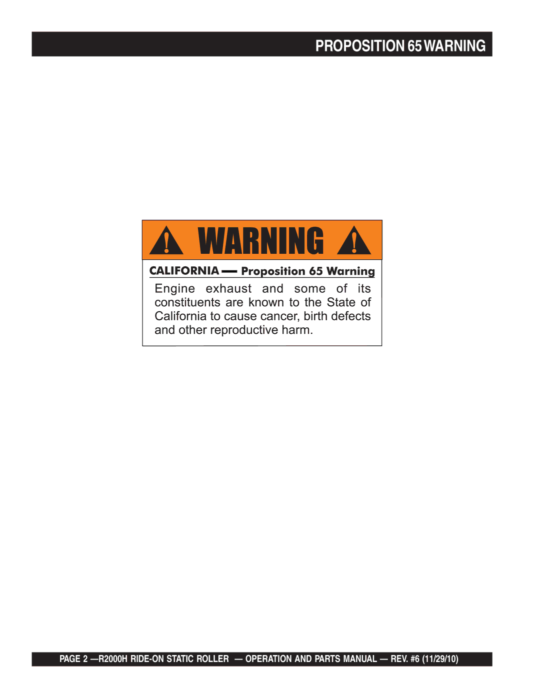 Multiquip R2000H manual Proposition 65WARNING 