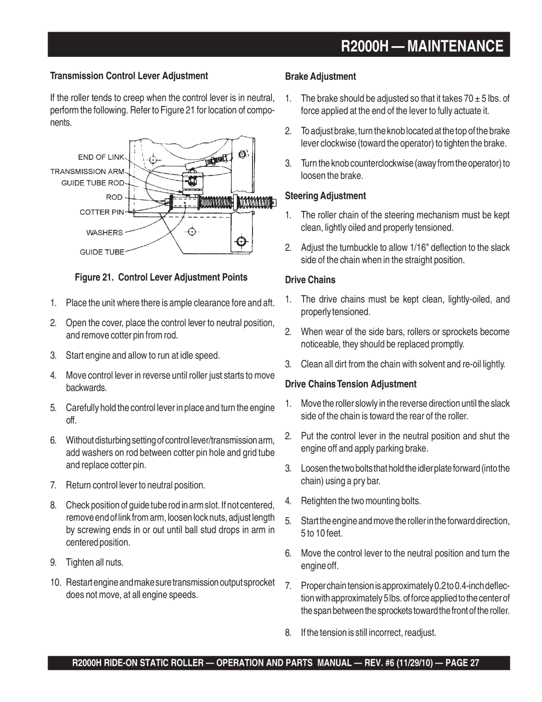 Multiquip R2000H manual Transmission Control Lever Adjustment, Steering Adjustment, Drive Chains Tension Adjustment 