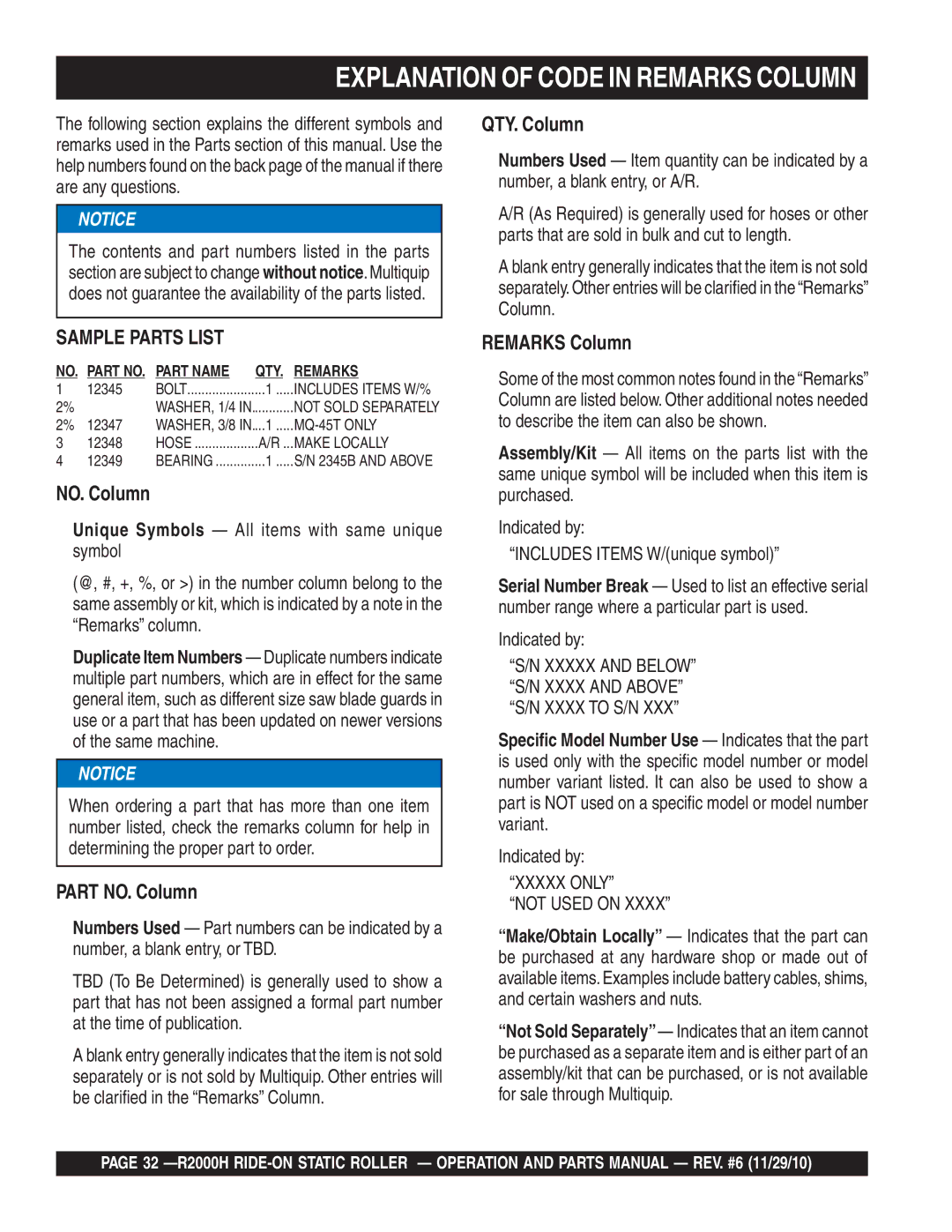 Multiquip R2000H manual Explanation of Code in Remarks Column, Xxxxx only Not Used on 