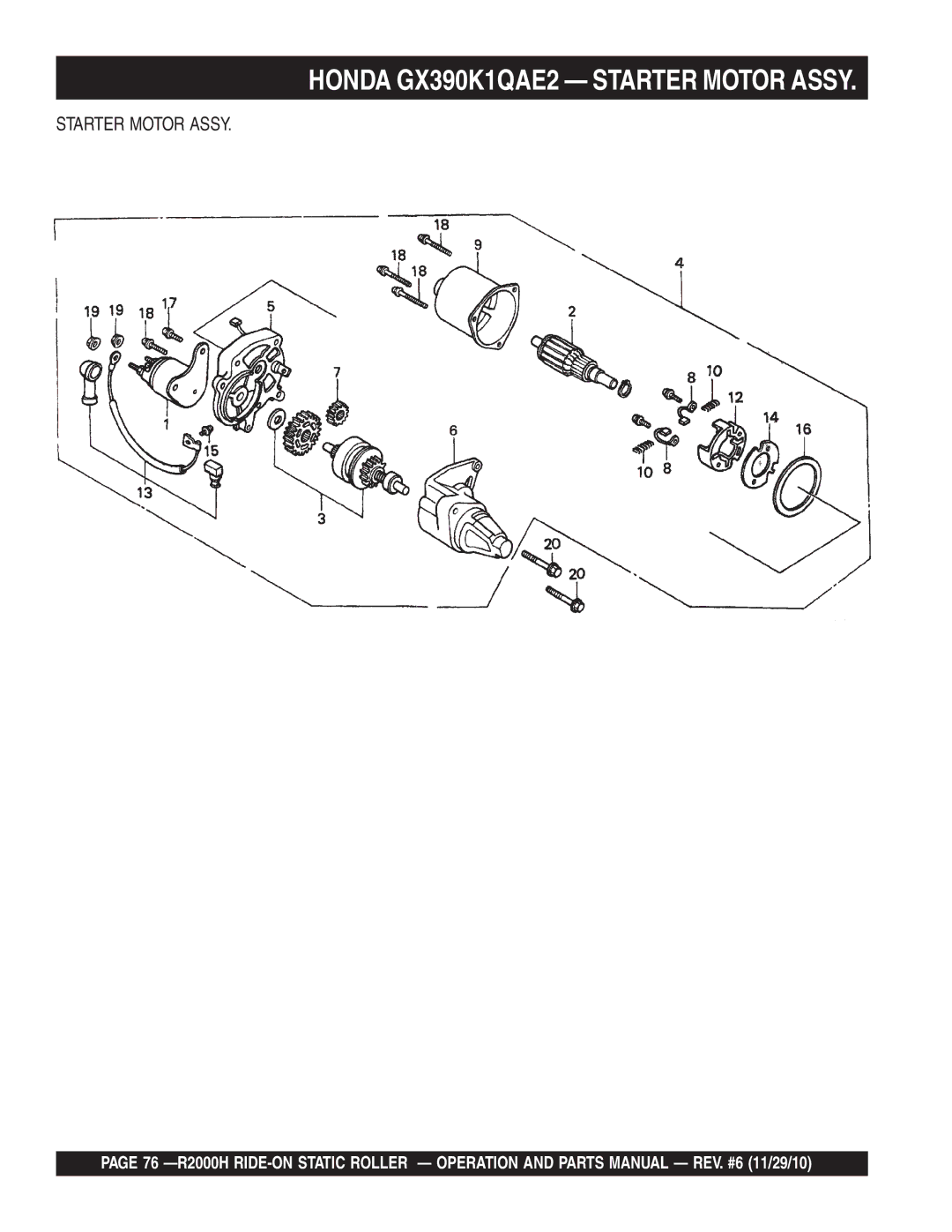 Multiquip R2000H manual Honda GX390K1QAE2 Starter Motor Assy 