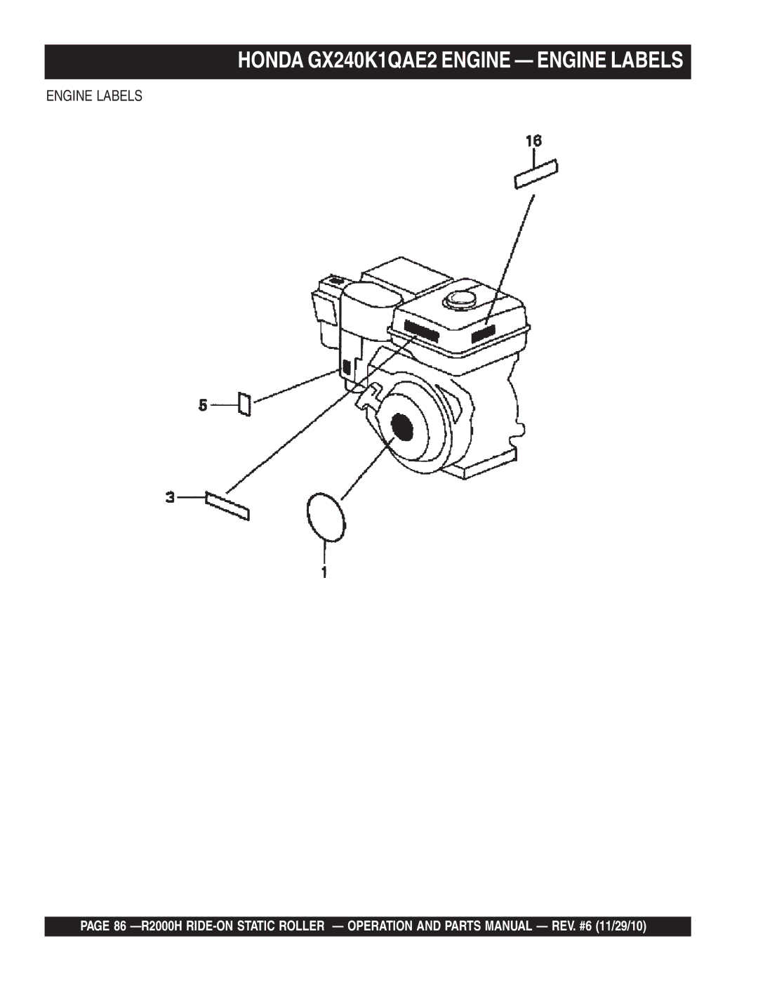 Multiquip R2000H manual Honda GX240K1QAE2 Engine Engine Labels 