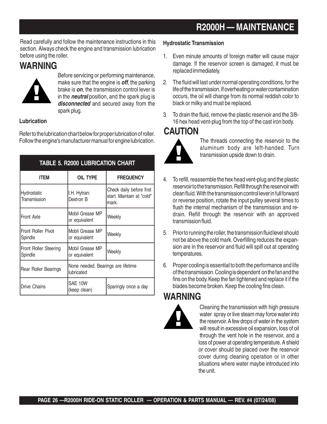 Multiquip manual R2000H Maintenance, Lubrication, Hydrostatic Transmission 