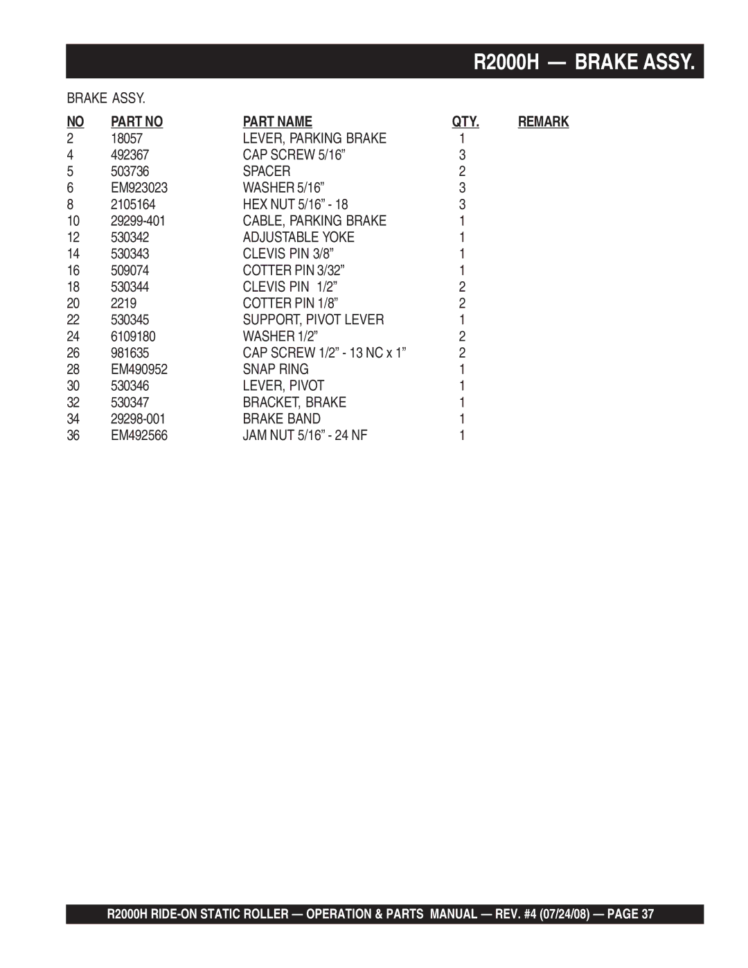 Multiquip R2000H manual LEVER, Parking Brake, CAP Screw 5/16, Spacer, CABLE, Parking Brake, Adjustable Yoke, Clevis PIN 3/8 
