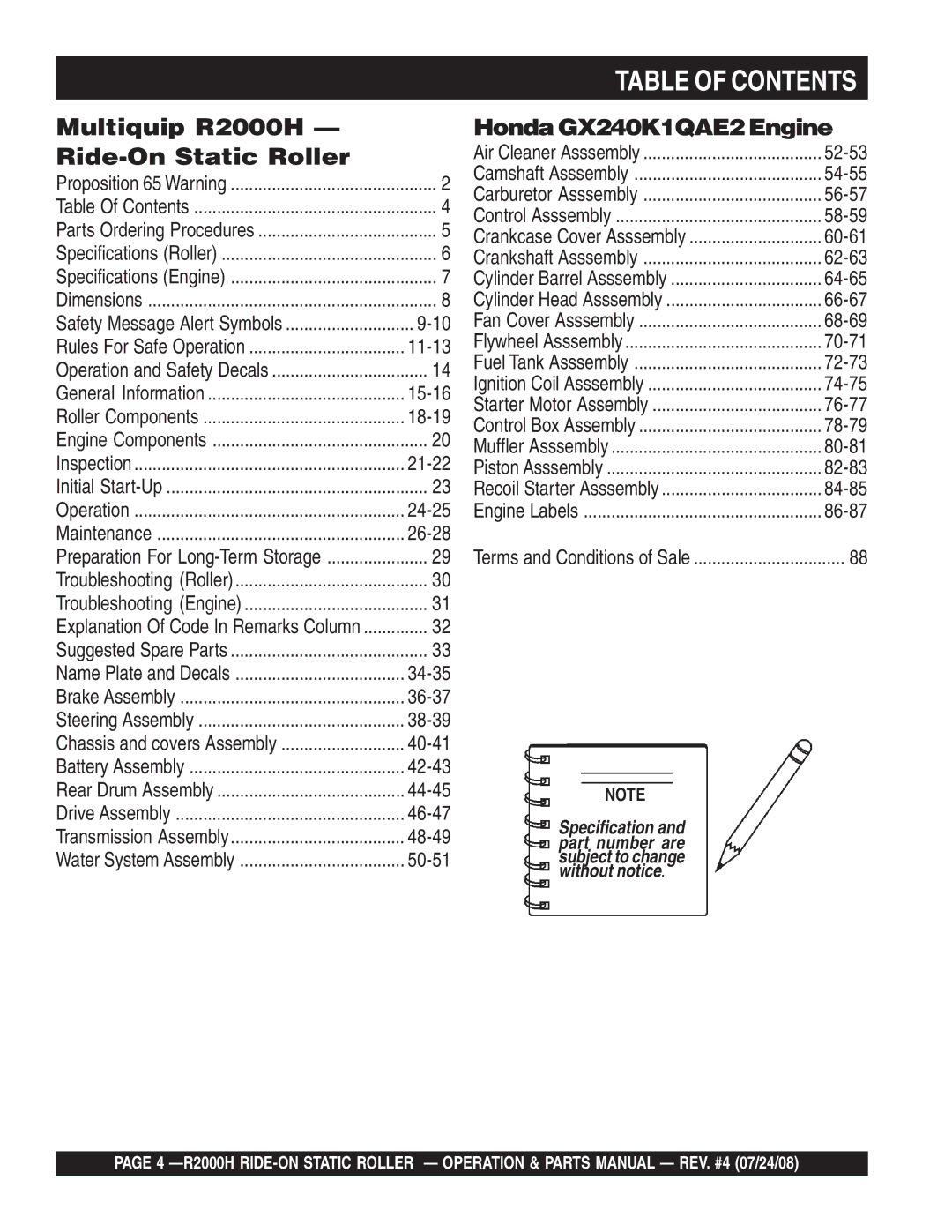 Multiquip R2000H manual Table of Contents 