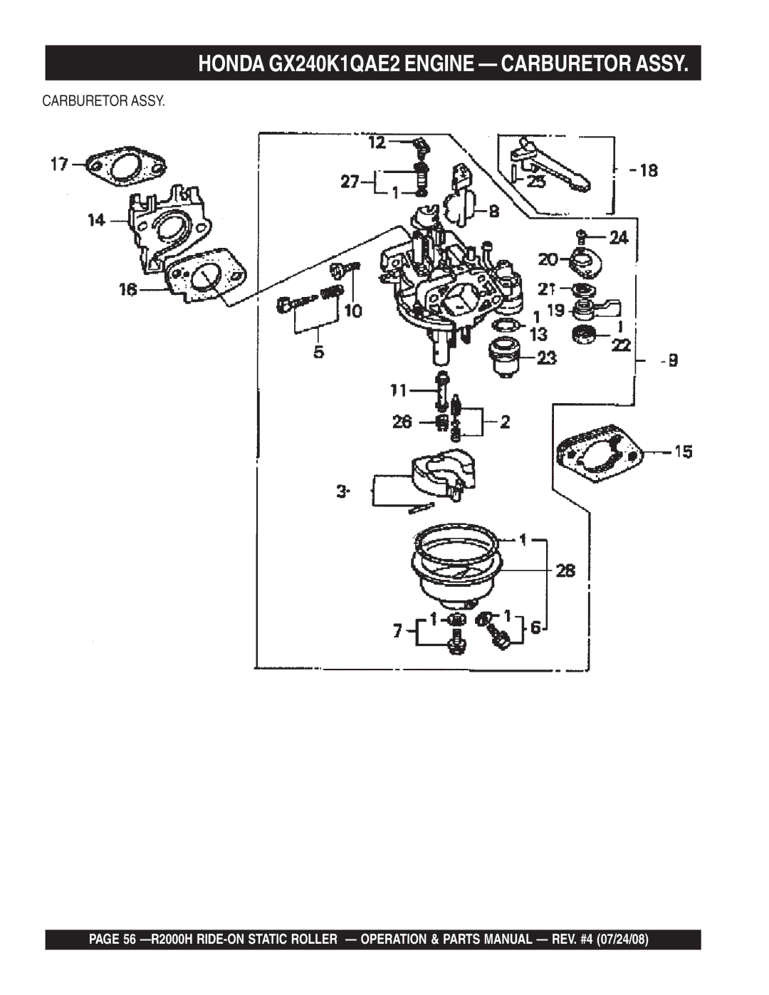 Multiquip R2000H manual Honda GX240K1QAE2 Engine Carburetor Assy 